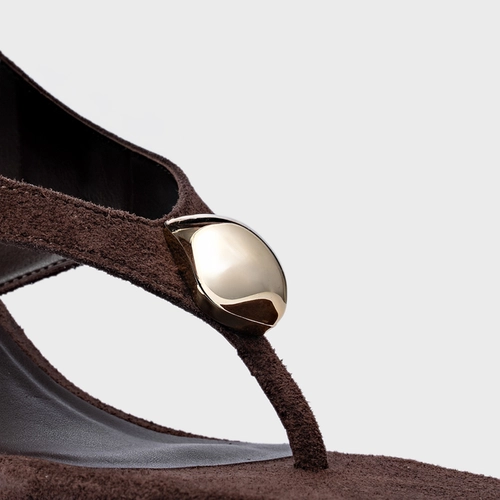 Sandália Thong  Gold Detail Lace Up Salto Uno Couro Suede Marrom Ganache