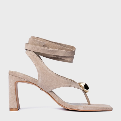 Sandália Thong  Gold Detail Lace Up Salto Uno Couro Suede Bege Oatmeal