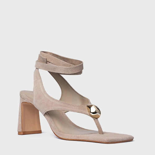 Sandália Thong  Gold Detail Lace Up Salto Uno Couro Suede Bege Oatmeal