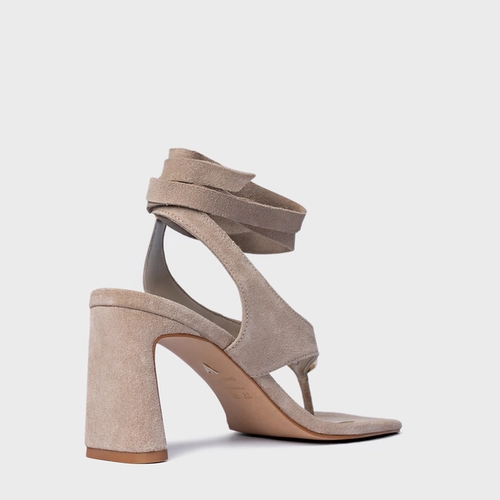 Sandália Thong  Gold Detail Lace Up Salto Uno Couro Suede Bege Oatmeal