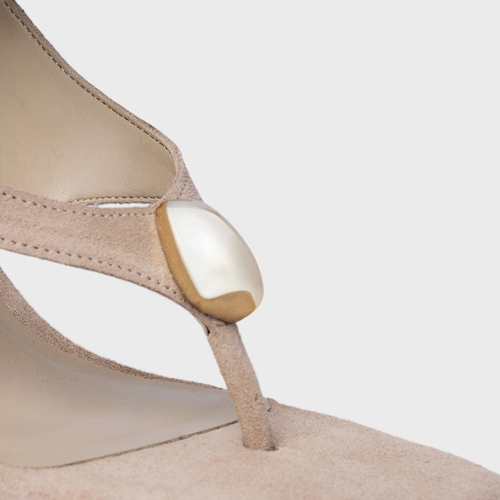 Sandália Thong  Gold Detail Lace Up Salto Uno Couro Suede Bege Oatmeal