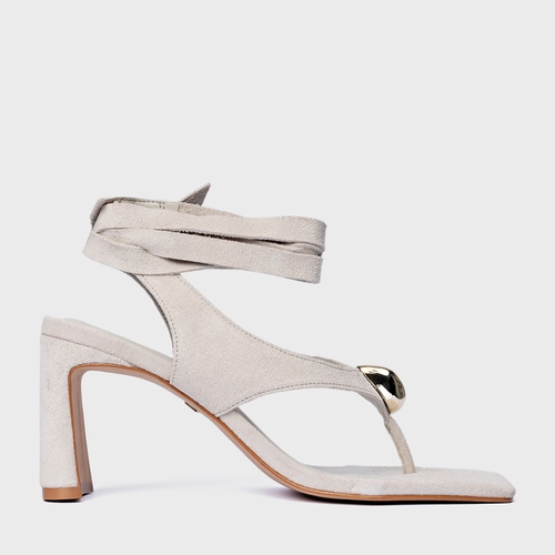 Sandália Thong  Gold Detail Lace Up Salto Uno Couro Suede Off White Osso