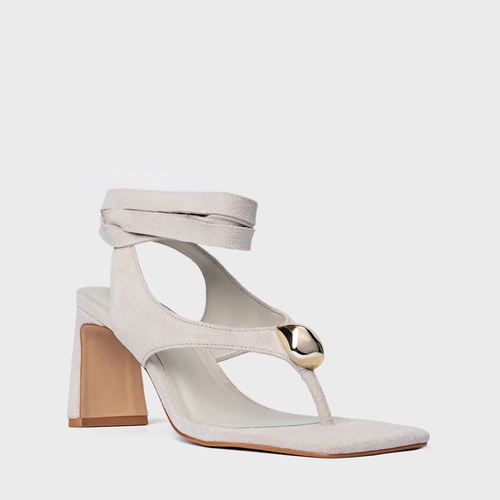 Sandália Thong  Gold Detail Lace Up Salto Uno Couro Suede Off White Osso