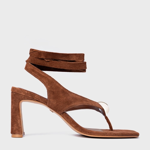 Sandália Thong  Gold Detail Lace Up Salto Uno Couro Suede Marrom Walnut