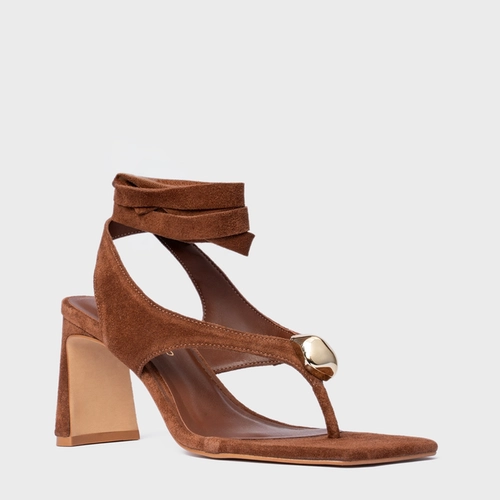Sandália Thong  Gold Detail Lace Up Salto Uno Couro Suede Marrom Walnut