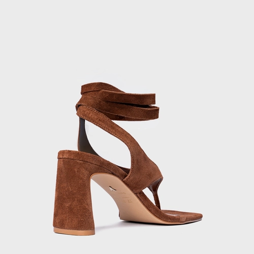 Sandália Thong  Gold Detail Lace Up Salto Uno Couro Suede Marrom Walnut