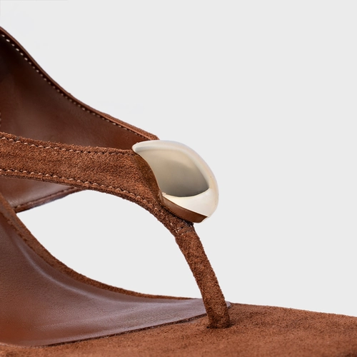 Sandália Thong  Gold Detail Lace Up Salto Uno Couro Suede Marrom Walnut