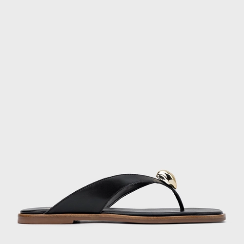 Rasteira Thong Gold Detail Couro Preto