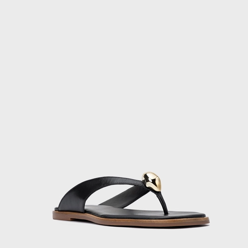 Rasteira Thong Gold Detail Couro Preto