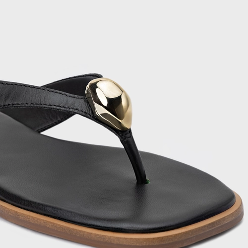 Rasteira Thong Gold Detail Couro Preto