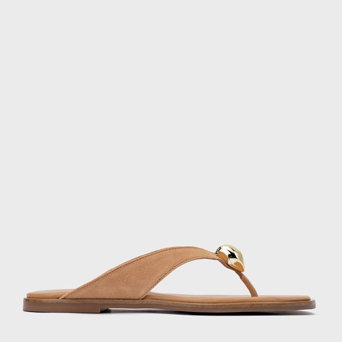 Rasteira Thong Gold Detail Couro Suede Marrom Cookie