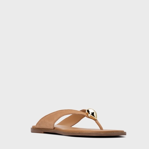 Rasteira Thong Gold Detail Couro Suede Marrom Cookie