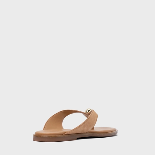 Rasteira Thong Gold Detail Couro Suede Marrom Cookie