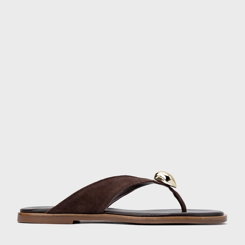 Rasteira Thong Gold Detail Couro Suede Marrom Ganache