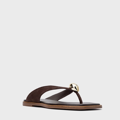 Rasteira Thong Gold Detail Couro Suede Marrom Ganache