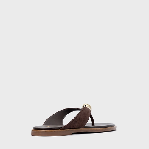 Rasteira Thong Gold Detail Couro Suede Marrom Ganache