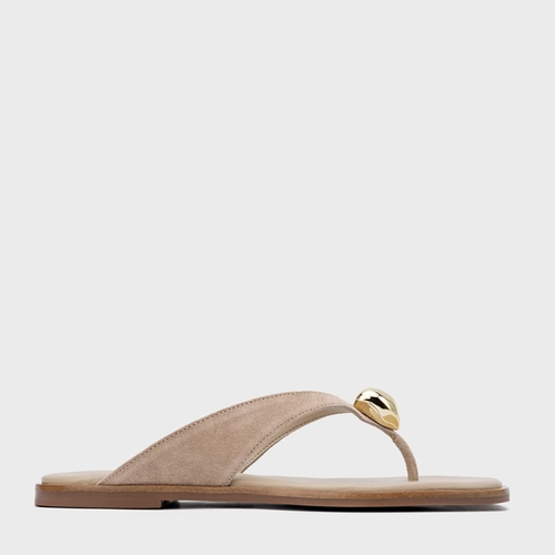 Rasteira Thong Gold Detail Couro Suede Bege Oatmeal