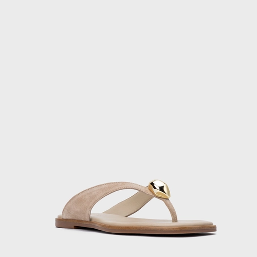 Rasteira Thong Gold Detail Couro Suede Bege Oatmeal