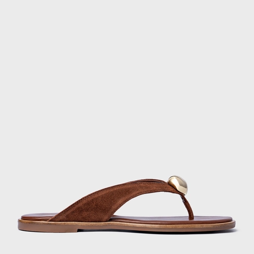Rasteira Thong Gold Detail Couro Suede Marrom Walnut