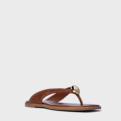Rasteira Thong Gold Detail Couro Suede Marrom Walnut