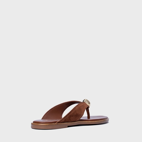 Rasteira Thong Gold Detail Couro Suede Marrom Walnut
