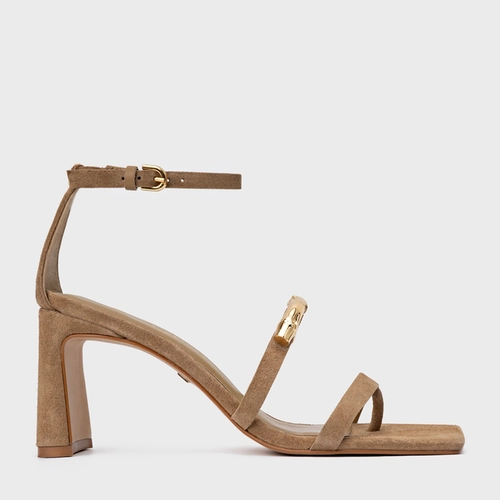 Sandália Aurea Salto Uno Couro Suede Bege Almond