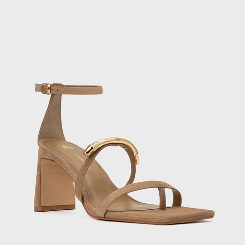 Sandália Aurea Salto Uno Couro Suede Bege Almond