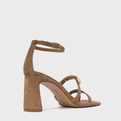 Sandália Aurea Salto Uno Couro Suede Bege Almond
