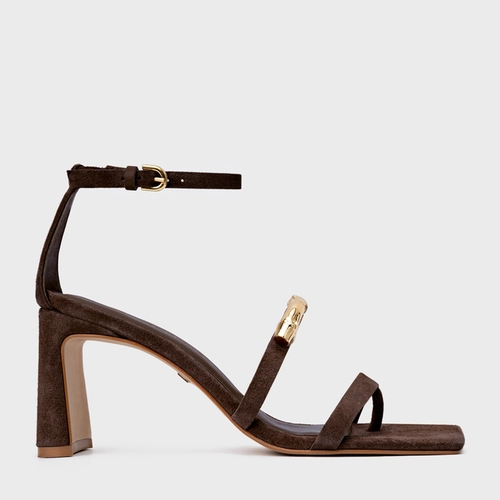 Sandália Aurea Salto Uno Couro Suede Marrom Ganache