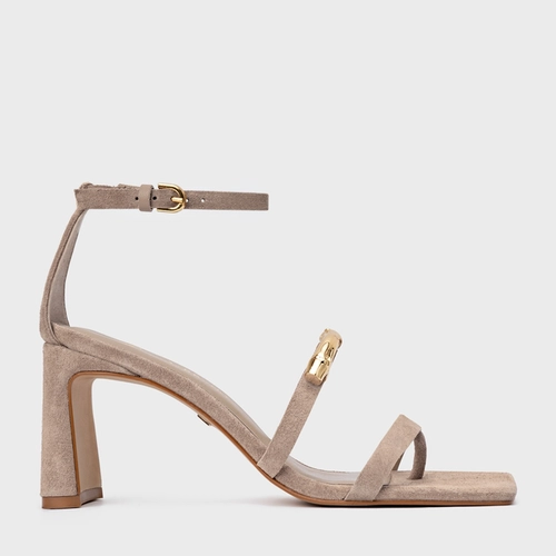 Sandália Aurea Salto Uno Couro Suede Bege Oatmeal