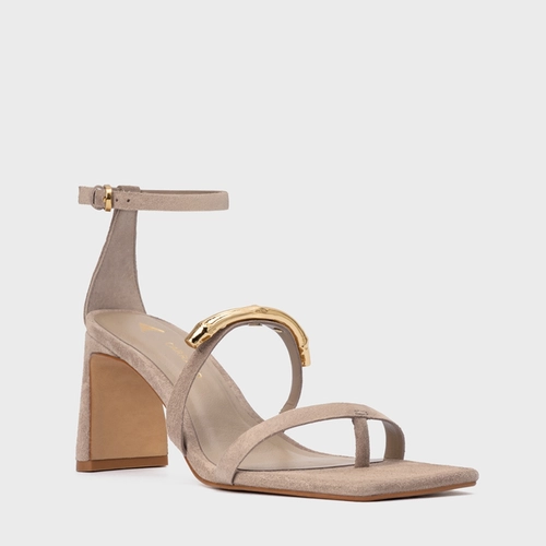 Sandália Aurea Salto Uno Couro Suede Bege Oatmeal