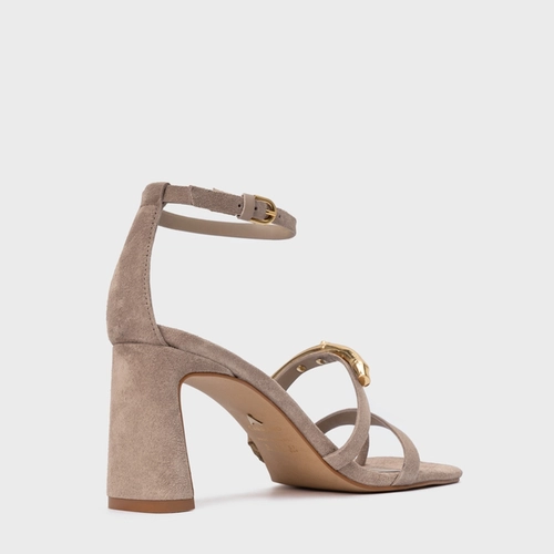 Sandália Aurea Salto Uno Couro Suede Bege Oatmeal