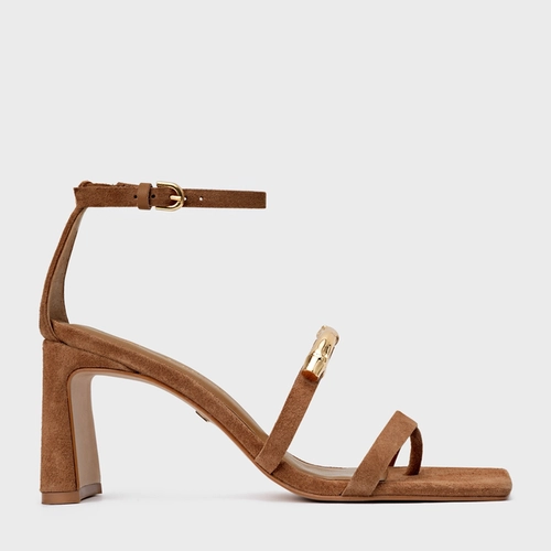 Sandália Aurea Salto Uno Couro Suede Marrom Saddle