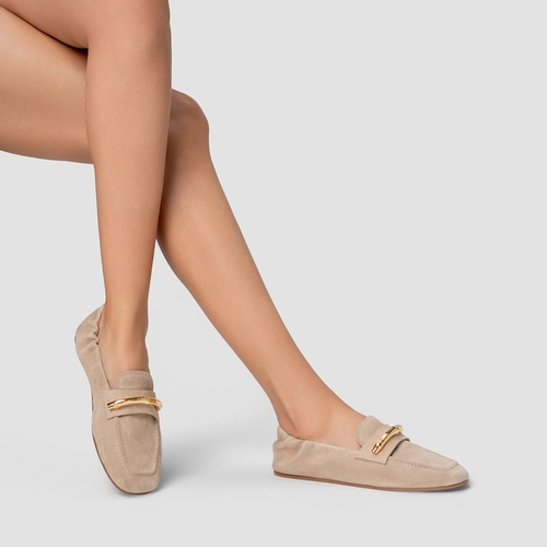 Loafer Aurea Couro Suede Bege Oatmeal