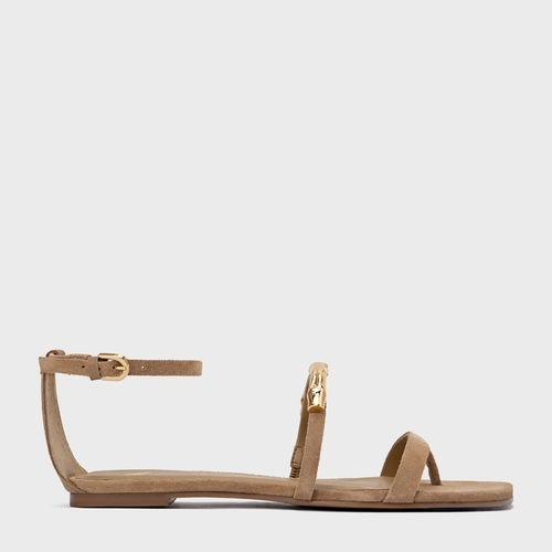 Sandália Rasteira Aurea Couro Suede Bege Almond