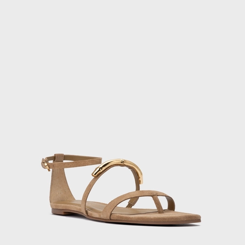 Sandália Rasteira Aurea Couro Suede Bege Almond