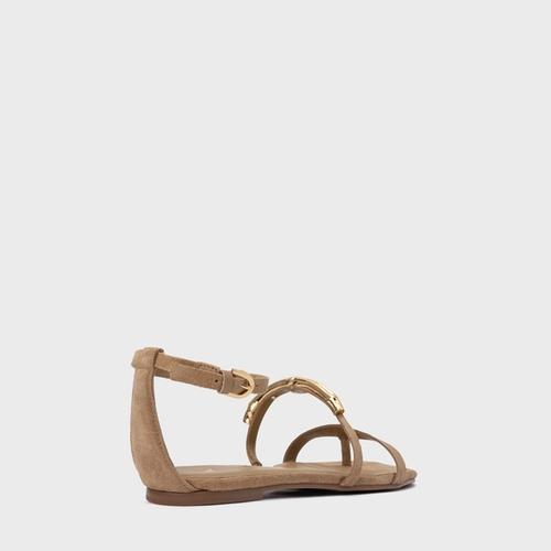 Sandália Rasteira Aurea Couro Suede Bege Almond