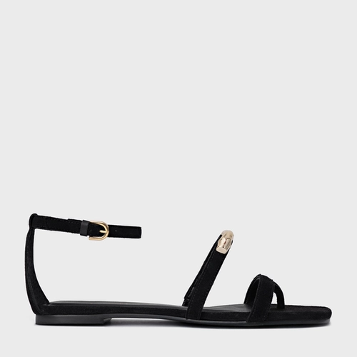 Sandália Rasteira Aurea Couro Suede Preto