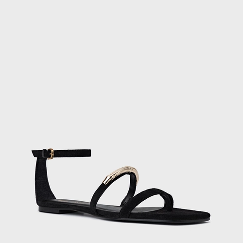 Sandália Rasteira Aurea Couro Suede Preto