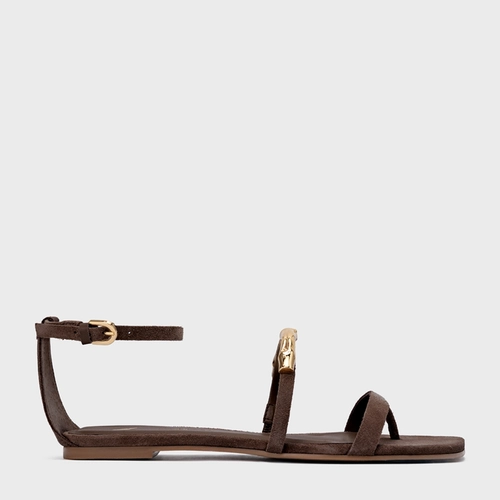 Sandália Rasteira Aurea Couro Suede Marrom Ganache
