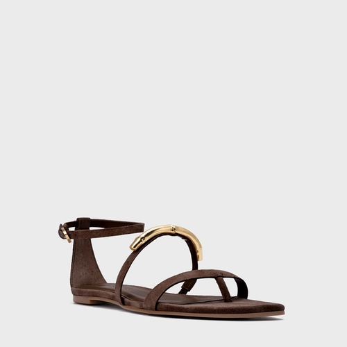 Sandália Rasteira Aurea Couro Suede Marrom Ganache