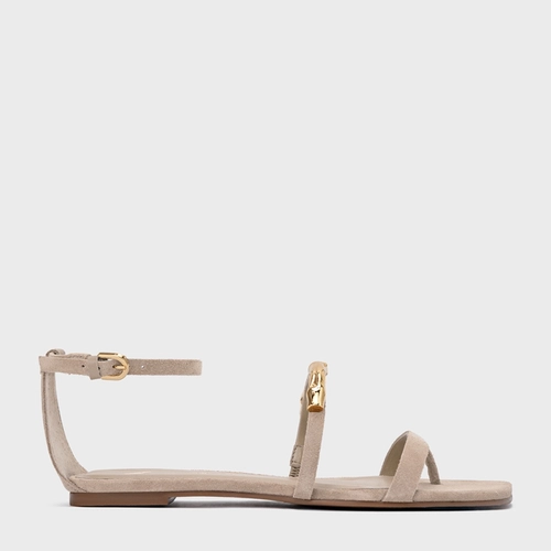 Sandália Rasteira Aurea Couro Suede Bege Oatmeal