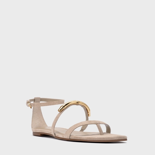 Sandália Rasteira Aurea Couro Suede Bege Oatmeal