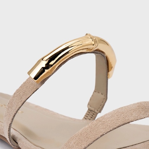Sandália Rasteira Aurea Couro Suede Bege Oatmeal