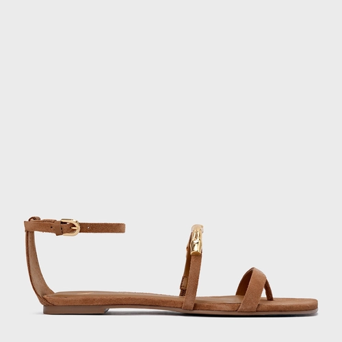 Sandália Rasteira Aurea Couro Suede Marrom Saddle