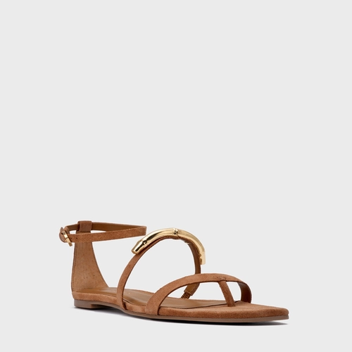 Sandália Rasteira Aurea Couro Suede Marrom Saddle