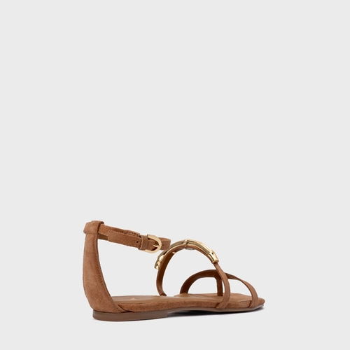 Sandália Rasteira Aurea Couro Suede Marrom Saddle